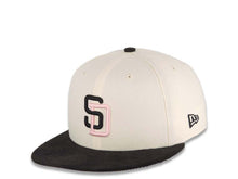 Load image into Gallery viewer, (Corduroy Visor) San Diego Padres New Era MLB 59FIFTY 5950 Fitted Cap Hat Cream Crown Black Visor Black/Pink Logo 50th Anniversary Side Patch Pink UV
