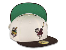 Load image into Gallery viewer, San Diego Padres New Era MLB 59FIFTY 5950 Fitted Cap Hat Cream Crown Dark Brown Visor Maroon/Yellow Swinging Friar Logo 40th Anniversary Side Patch
