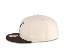 Load image into Gallery viewer, San Diego Padres New Era MLB 59FIFTY 5950 Fitted Cap Hat Cream Crown Dark Brown Visor Maroon/Yellow Swinging Friar Logo 40th Anniversary Side Patch
