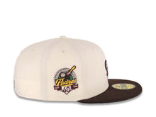 Load image into Gallery viewer, San Diego Padres New Era MLB 59FIFTY 5950 Fitted Cap Hat Cream Crown Dark Brown Visor Maroon/Yellow Swinging Friar Logo 40th Anniversary Side Patch

