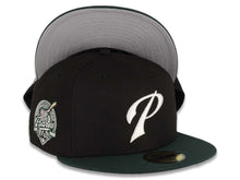 Load image into Gallery viewer, San Diego Padres New Era MLB 59FIFTY 5950 Fitted Cap Hat Black Crown Dark Green Visor White Logo 40th Anniversary Side Patch Gray UV
