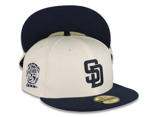 San Diego Padres New Era MLB 59FIFTY 5950 Fitted Cap Hat Cream Crown Navy Blue Visor Navy Blue Logo 25th Anniversary Side Patch Navy Blue UV