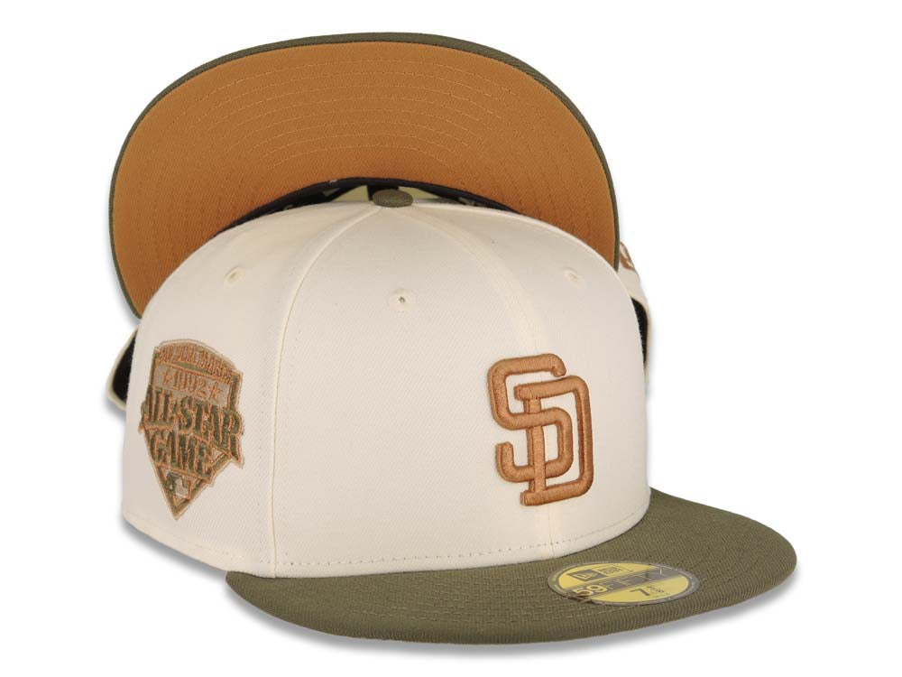 San Diego Padres New Era MLB 59FIFTY 5950 Fitted Cap Hat Cream Crown Olive Green Visor Light Brown Logo 1992 All-Star Game Side Patch Light Brown