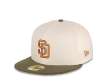 Load image into Gallery viewer, San Diego Padres New Era MLB 59FIFTY 5950 Fitted Cap Hat Cream Crown Olive Green Visor Light Brown Logo 1992 All-Star Game Side Patch Light Brown
