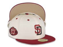 Load image into Gallery viewer, San Diego Padres New Era MLB 59FIFTY 5950 Fitted Cap Hat Cream Crown Cardinal Visor Caridnal/Dark Brown Logo 50th Anniversary Side Patch Khaki UV
