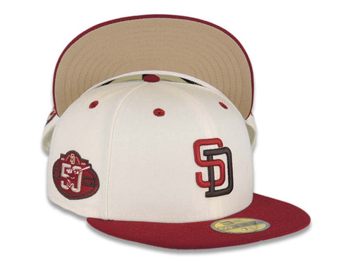 San Diego Padres New Era MLB 59FIFTY 5950 Fitted Cap Hat Cream Crown Cardinal Visor Caridnal/Dark Brown Logo 50th Anniversary Side Patch Khaki UV