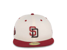 Load image into Gallery viewer, San Diego Padres New Era MLB 59FIFTY 5950 Fitted Cap Hat Cream Crown Cardinal Visor Caridnal/Dark Brown Logo 50th Anniversary Side Patch Khaki UV
