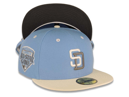 San Diego Padres New Era MLB 59FIFTY 5950 Fitted Cap Hat Sky Blue Crown Cream Visor Cream/Dark Gray Logo 1992 All-Star Game Side Patch Dark Gray UV