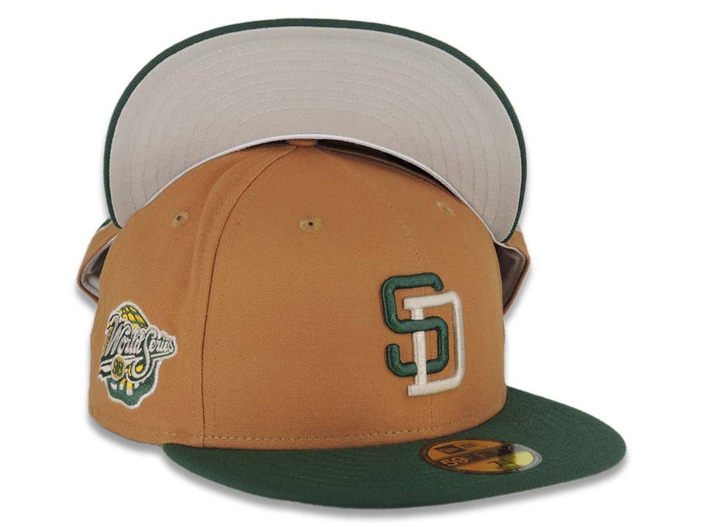 San Diego Padres New Era MLB 59FIFTY 5950 Fitted Cap Hat Brown Crown Green Visor Green/White Logo 1998 World Series Side Patch White UV