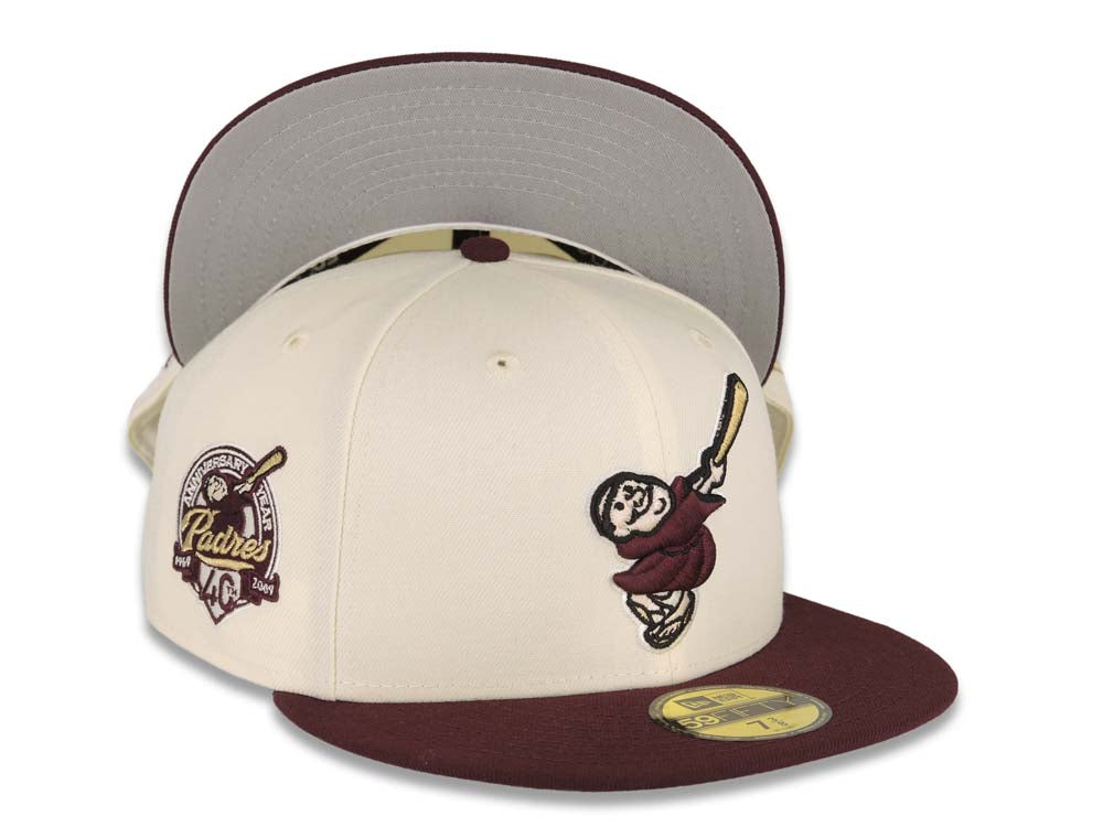 San Diego Padres New Era MLB 59FIFTY 5950 Fitted Cap Hat Cream Crown Maroon Visor Maroon/Metallic Gold Swinging Friar Logo 40th Anniversary Side Patch