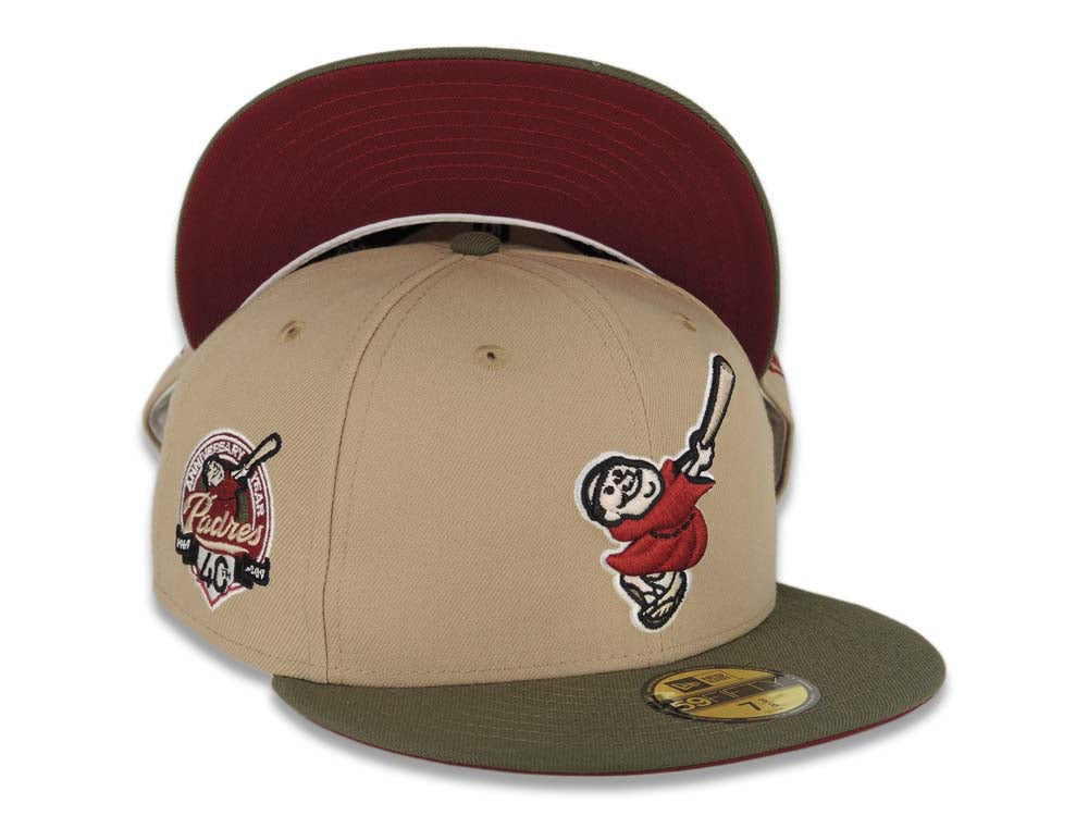 San Diego Padres New Era MLB 59FIFTY 5950 Fitted Cap Hat Khaki Crown Olive Visor Cardinal/Khaki Swinging Friar Logo 40th Anniversary Side Patch