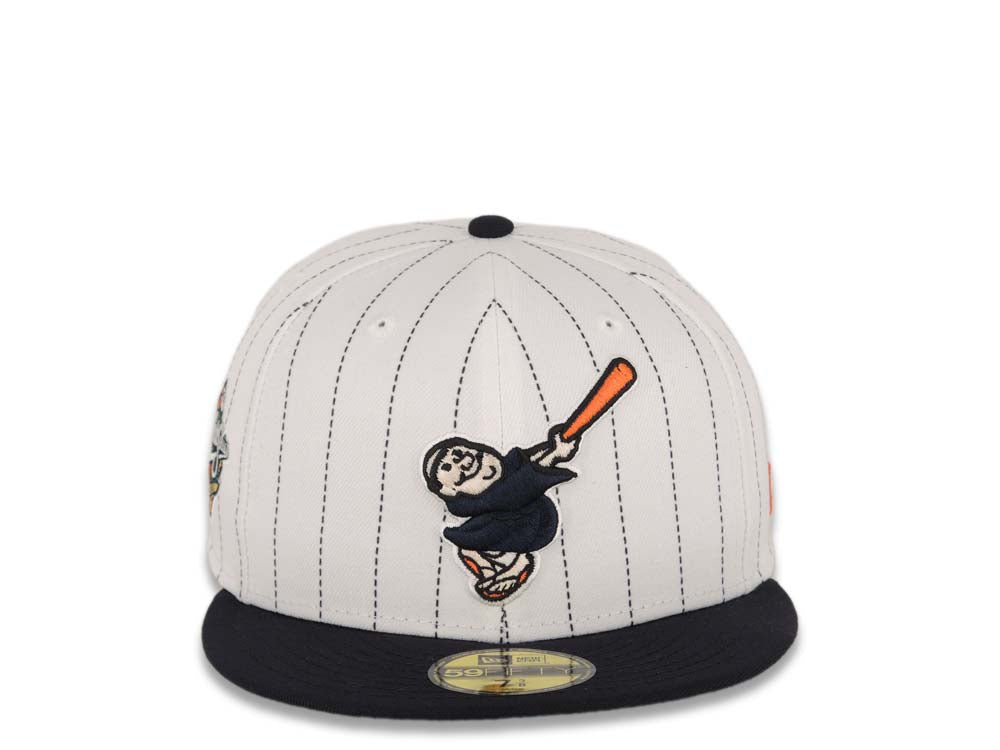 San Diego Padres New Era MLB 59FIFTY 5950 Fitted Cap Hat White Pinstripe Crown Navy Blue Visor Navy Blue/Orange Logo 1998 World Series Side Patch 7 5/