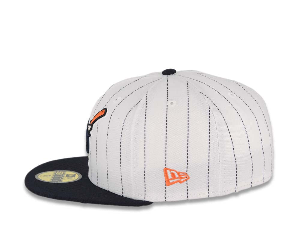 San Diego Padres New Era MLB 59FIFTY 5950 Fitted Cap Hat White/Navy Pinstripe Crown Navy Visor Navy/Orange Logo 25th Anniversary Side Patch Gray UV 7