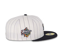 Load image into Gallery viewer, San Diego Padres New Era MLB 59FIFTY 5950 Fitted Cap Hat White Pinstripe Crown Navy Blue Visor Navy Blue/Orange Logo 1998 World Series Side Patch
