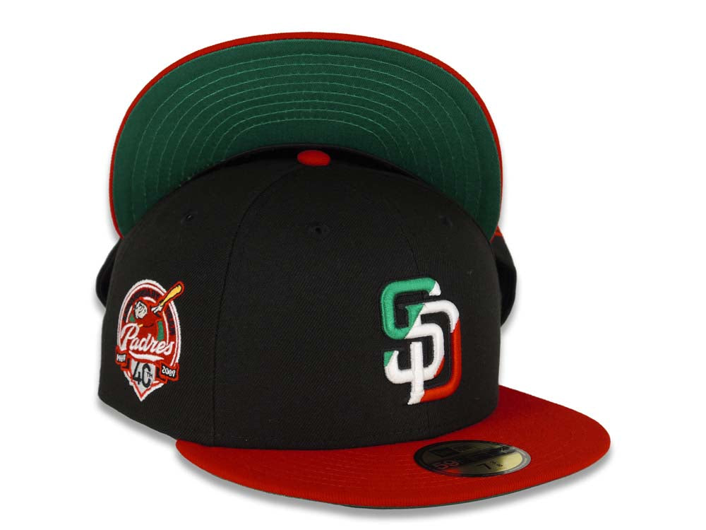 San Diego Padres New Era MLB 59FIFTY 5950 Fitted Cap Hat Black Crown Red Visor Green/White/Red Logo 40th Anniversary Side Patch Green UV
