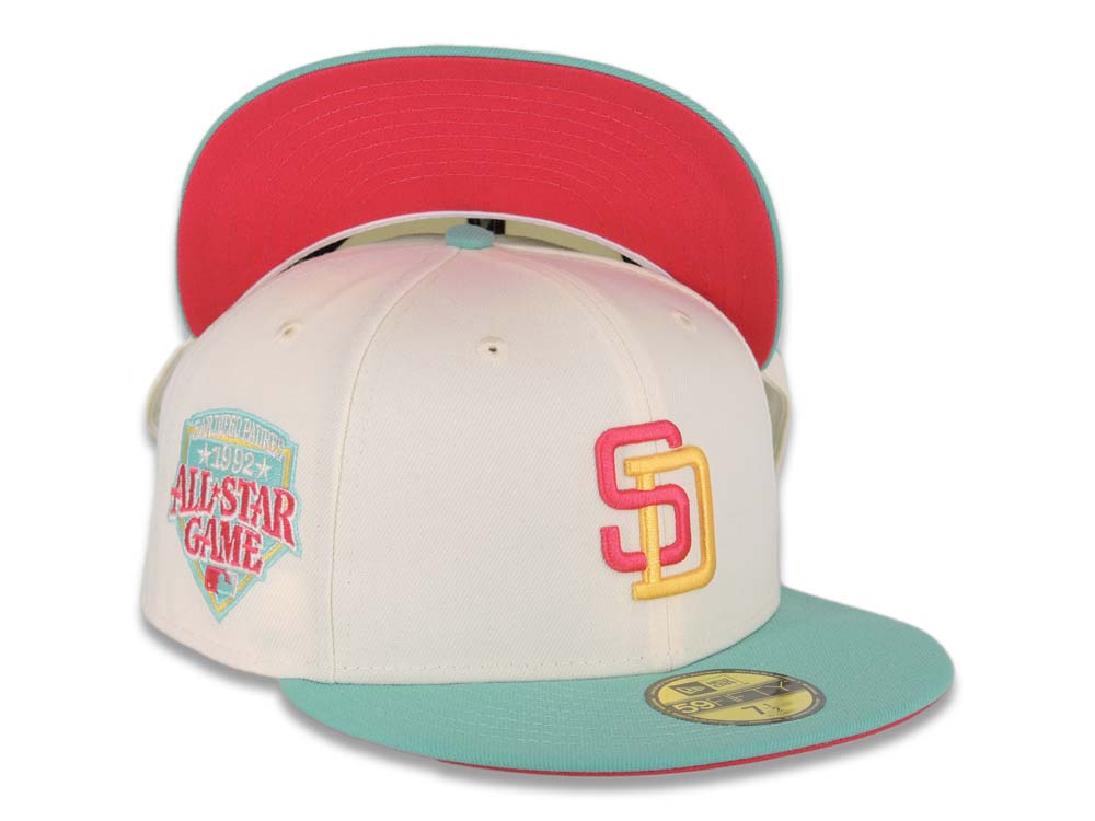 San Diego Padres New Era MLB 59FIFTY 5950 Fitted Cap Hat Cream Crown Light Teal Visor Magenta/Yellow Logo 1992 All-Star Game Side Patch Magenta UV