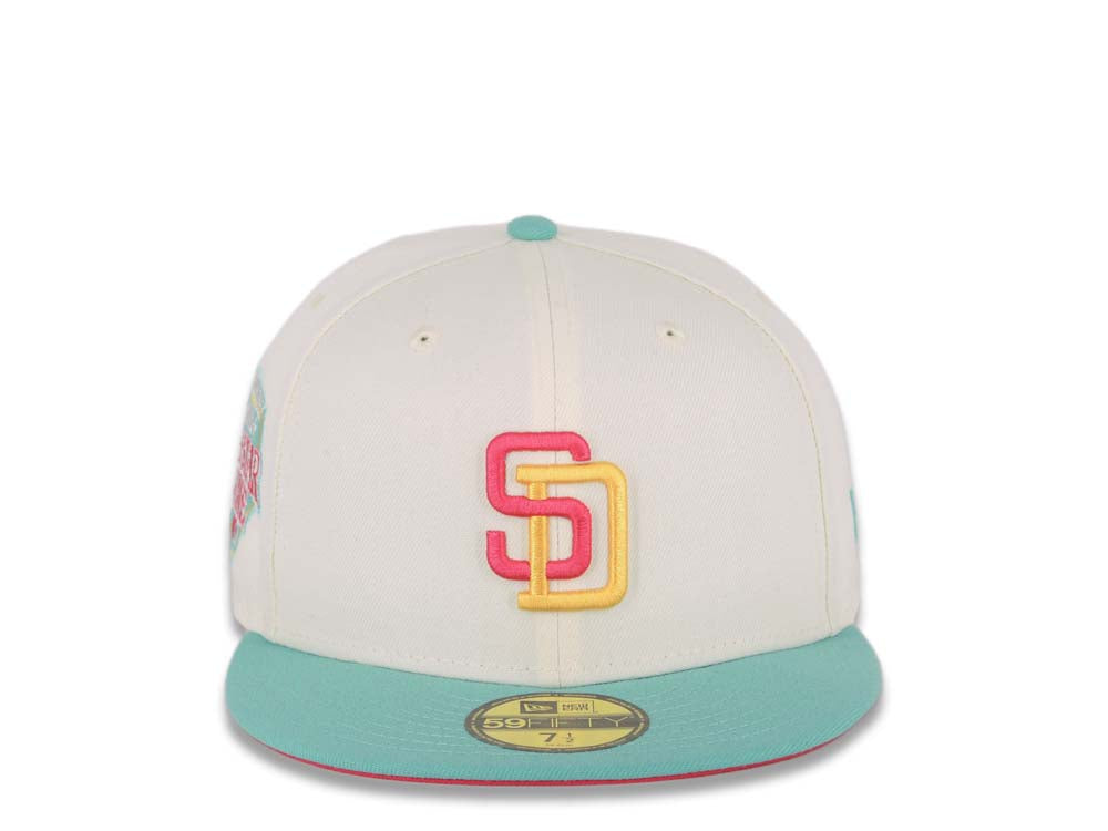 (City Connect Color) San Diego Padres New Era MLB 59FIFTY 5950 Fitted Cap Hat Cream Crown Teal Visor Magenta/Yellow Logo 1992 All-Star Game Side Patch