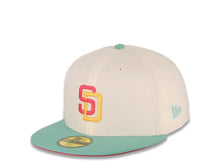 Load image into Gallery viewer, San Diego Padres New Era MLB 59FIFTY 5950 Fitted Cap Hat Cream Crown Light Teal Visor Magenta/Yellow Logo 1992 All-Star Game Side Patch Magenta UV
