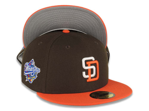 San Diego Padres New Era MLB 59FIFTY 5950 Fitted Cap Hat Brown Crown Orange Visor White/Orange Logo 1998 World Series Side Patch Gray UV