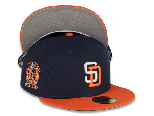 San Diego Padres New Era MLB 59FIFTY 5950 Fitted Cap Hat Navy Crown Orange Visor White/Orange Logo 25th Anniversary Side Patch Gray UV