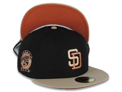 San Diego Padres New Era MLB 59FIFTY 5950 Fitted Cap Hat Black Crown Khaki Visor Khaki/Metallic Brown Logo 25th Anniversary Side Patch Dark Orange UV