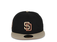 Load image into Gallery viewer, San Diego Padres New Era MLB 59FIFTY 5950 Fitted Cap Hat Black Crown Khaki Visor Khaki/Metallic Brown Logo 25th Anniversary Side Patch Dark Orange UV
