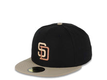 Load image into Gallery viewer, San Diego Padres New Era MLB 59FIFTY 5950 Fitted Cap Hat Black Crown Khaki Visor Khaki/Metallic Brown Logo 25th Anniversary Side Patch Dark Orange UV
