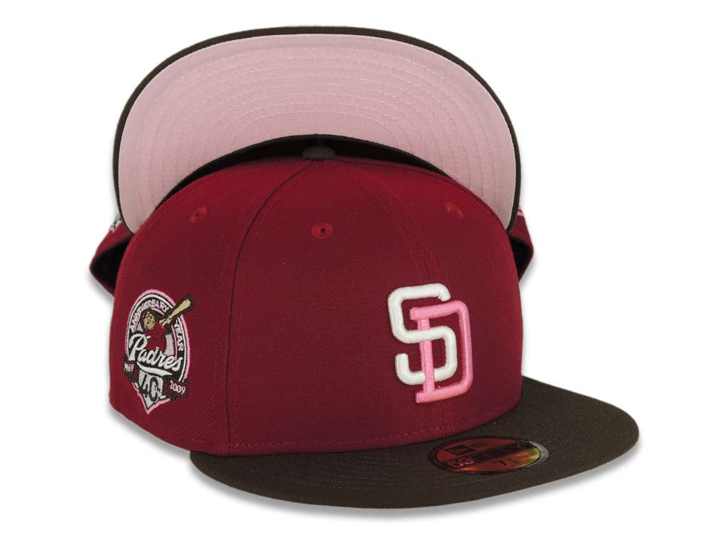 San Diego Padres New Era MLB 59FIFTY 5950 Fitted Cap Hat Cardinal Crown Brown Visor Cream/Dark Pink Logo 40th Anniversary Side Patch Pink UV