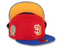 Load image into Gallery viewer, San Diego Padres New Era MLB 59FIFTY 5950 Fitted Cap Hat Red Crown Blue Azure Visor White/Yellow Logo 25th Anniversary Side Patch Yellow UV
