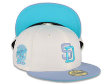 Load image into Gallery viewer, San Diego Padres New Era MLB 59FIFTY 5950 Fitted Cap Hat Cream Crown Light Purple Visor Light Purple/Light Blue Logo 25th Anniversary Side Patch Light Blue UV
