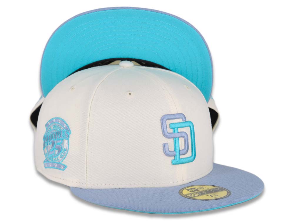 San Diego Padres New Era MLB 59FIFTY 5950 Fitted Cap Hat Cream Crown Light Purple Visor Light Purple/Light Blue Logo 25th Anniversary Side Patch Light Blue UV