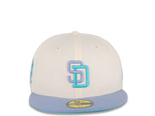 Load image into Gallery viewer, San Diego Padres New Era MLB 59FIFTY 5950 Fitted Cap Hat Cream Crown Light Purple Visor Light Purple/Light Blue Logo 25th Anniversary Side Patch Light Blue UV
