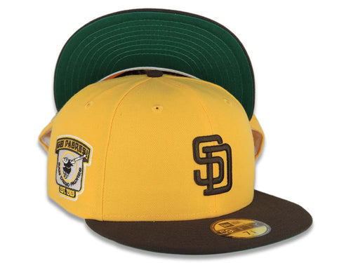 San Diego Padres New Era MLB 59FIFTY 5950 Fitted Cap Hat Yellow Crown Brown Visor Brown Logo Go Padres Established 1969 Side Patch Green UV