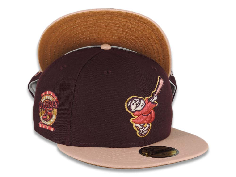 San Diego Padres New Era MLB 59FIFTY 5950 Fitted Cap Hat Maroon Crown Light Peach Visor Metallic Red Swinging Friar Logo 25th Anniversary Side Patch