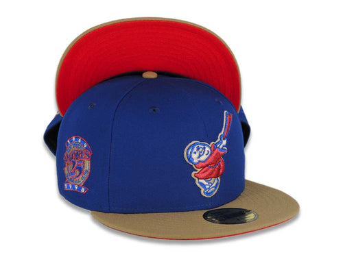 San Diego Padres New Era MLB 59FIFTY 5950 Fitted Cap Hat Light Royal Crown Khaki Visor Metallic Red Swinging Friar Logo 25th Anniversary Side Patch