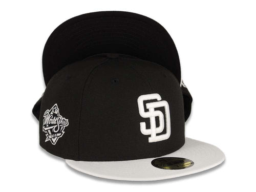San Diego Padres New Era MLB 59FIFTY 5950 Fitted Cap Hat Black Crown White Visor White Logo 1998 World Series Side Patch