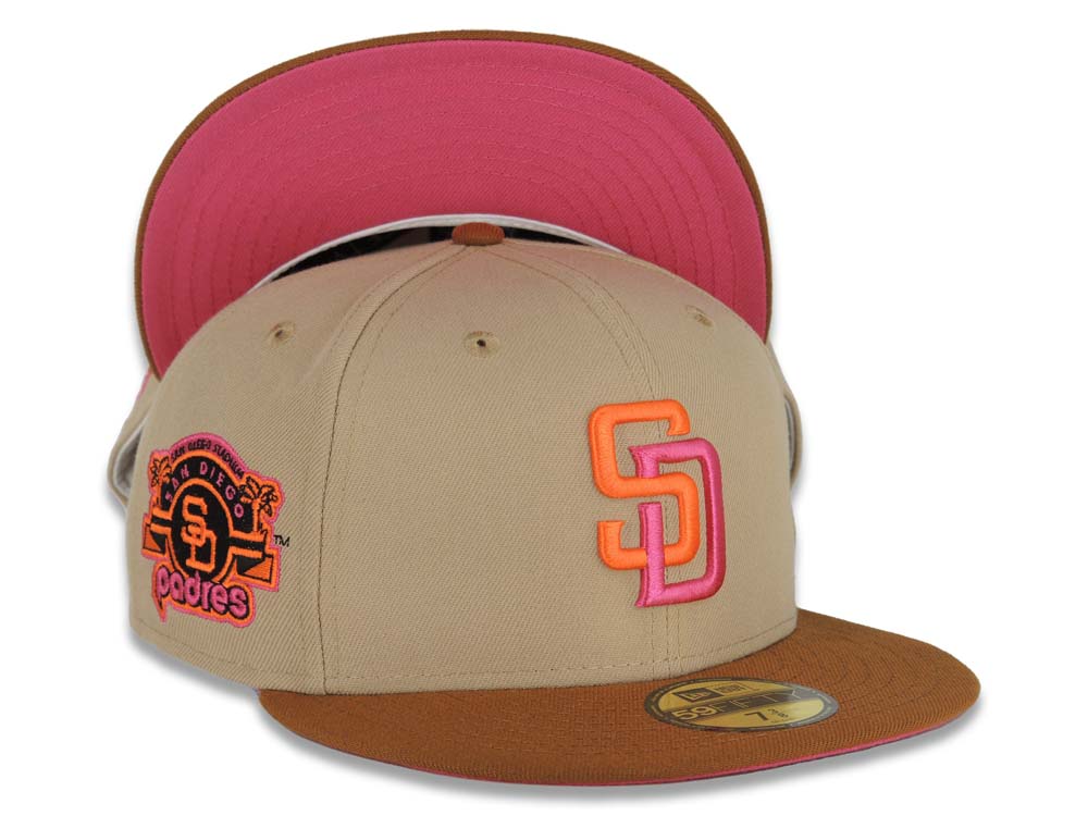 San Diego Padres New Era MLB 59FIFTY 5950 Fitted Cap Hat Khaki Crown Brown Visor Magenta/Orange Logo Stadium Side Patch Magenta UV