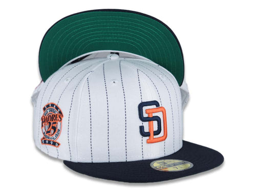 San Diego Padres New Era MLB 59FIFTY 5950 Fitted Cap Hat White Navy Pinstripe Crown Navy Visor Navy/Orange Logo 25th Anniversary Side Patch Green UV