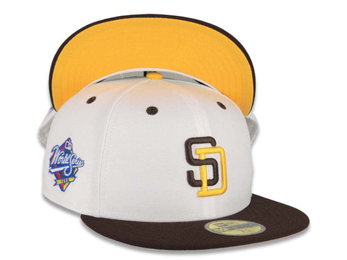 San Diego Padres New Era MLB 59FIFTY 5950 Fitted Cap Hat White Crown Dark Brown Visor Dark Brown/Yellow Logo 1998 World Series Side Patch Yellow UV