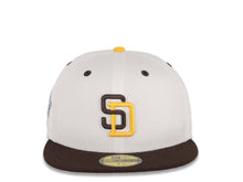 Load image into Gallery viewer, San Diego Padres New Era MLB 59FIFTY 5950 Fitted Cap Hat White Crown Dark Brown Visor Dark Brown/Yellow Logo 1998 World Series Side Patch Yellow UV
