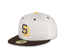 Load image into Gallery viewer, San Diego Padres New Era MLB 59FIFTY 5950 Fitted Cap Hat White Crown Dark Brown Visor Dark Brown/Yellow Logo 1998 World Series Side Patch Yellow UV
