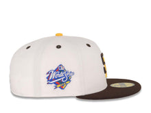 Load image into Gallery viewer, San Diego Padres New Era MLB 59FIFTY 5950 Fitted Cap Hat White Crown Dark Brown Visor Dark Brown/Yellow Logo 1998 World Series Side Patch Yellow UV
