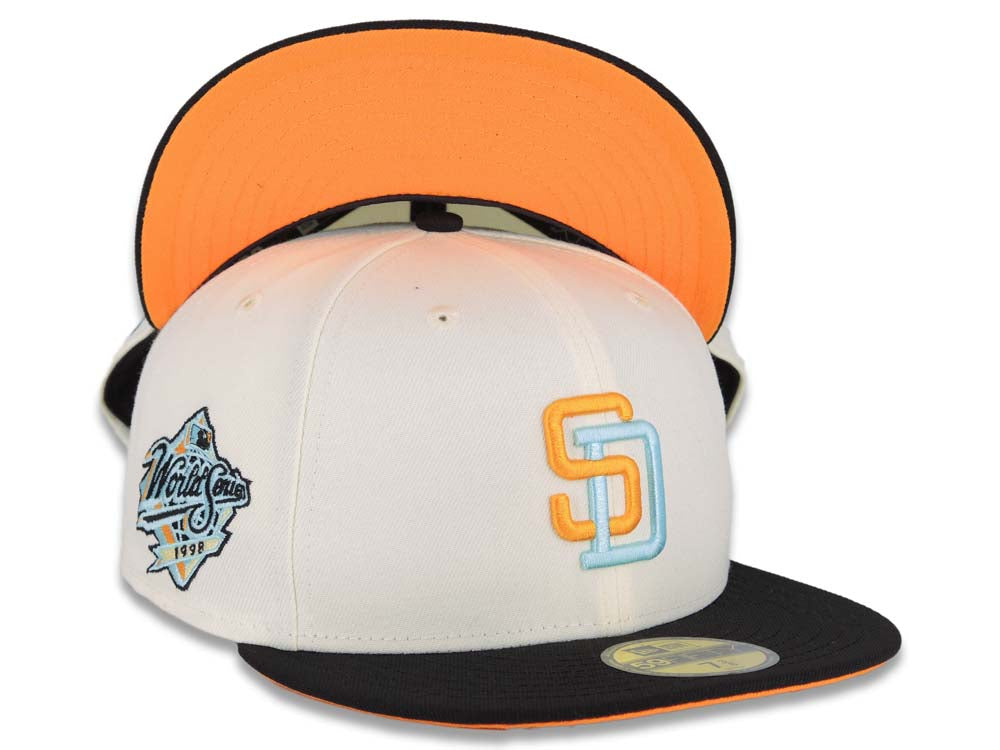 San Diego Padres New Era MLB 59FIFTY 5950 Fitted Cap Hat Cream Crown Black Visor COLOR3 Light Orange/Turquoise 1998 World Series Side Patch