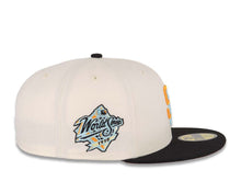 Load image into Gallery viewer, San Diego Padres New Era MLB 59FIFTY 5950 Fitted Cap Hat Cream Crown Black Visor COLOR3 Light Orange/Turquoise 1998 World Series Side Patch
