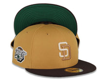 Load image into Gallery viewer, San Diego Padres New Era MLB 59FIFTY 5950 Fitted Cap Hat Tan Crown Dark Brown Visor Light Khaki/Light Brown Logo 1998 World Series Side Patch Green UV
