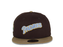 Load image into Gallery viewer, (Exclusive) San Diego Padres New Era MLB 59FIFTY 5950 Fitted Cap Hat Brown Crown Khaki Visor Sky/Metallic Gold Script Logo 40th Anniversary Side Patch
