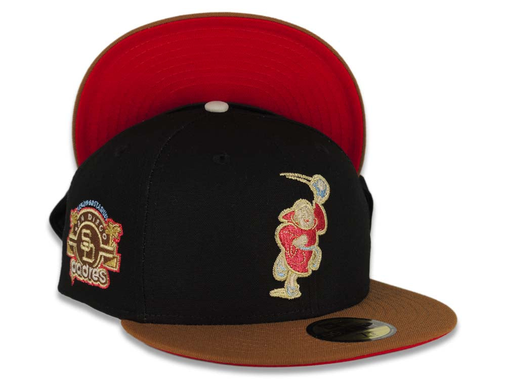 (Exclusive) San Diego Padres New Era MLB 59FIFTY 5950 Fitted Cap Hat Cotton Black Crown Tan Visor Metallic Red Catching Friar Logo Stadium Side Patch