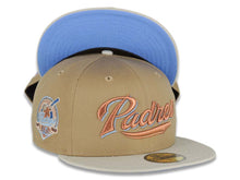 Load image into Gallery viewer, San Diego Padres New Era MLB 59FIFTY 5950 Fitted Cap Hat Khaki Crown Stone Visor Metallic Brown/Sky Blue Script Logo 40th Anniversary Side Patch
