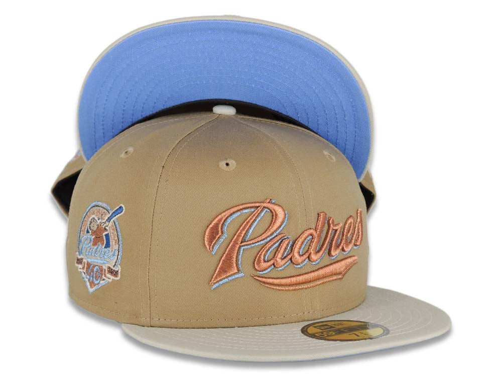 San Diego Padres New Era MLB 59FIFTY 5950 Fitted Cap Hat Khaki Crown Stone Visor Metallic Brown/Sky Blue Script Logo 40th Anniversary Side Patch