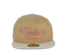 Load image into Gallery viewer, San Diego Padres New Era MLB 59FIFTY 5950 Fitted Cap Hat Khaki Crown Stone Visor Metallic Brown/Sky Blue Script Logo 40th Anniversary Side Patch
